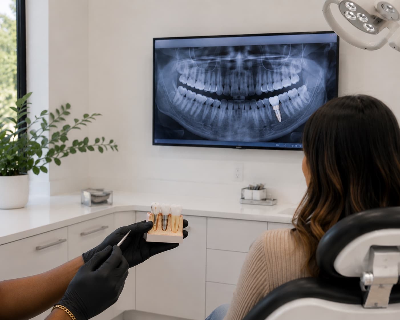 Reviewing a panoramic X-ray and dental implant model with a patient in the Teeth by Trev studio