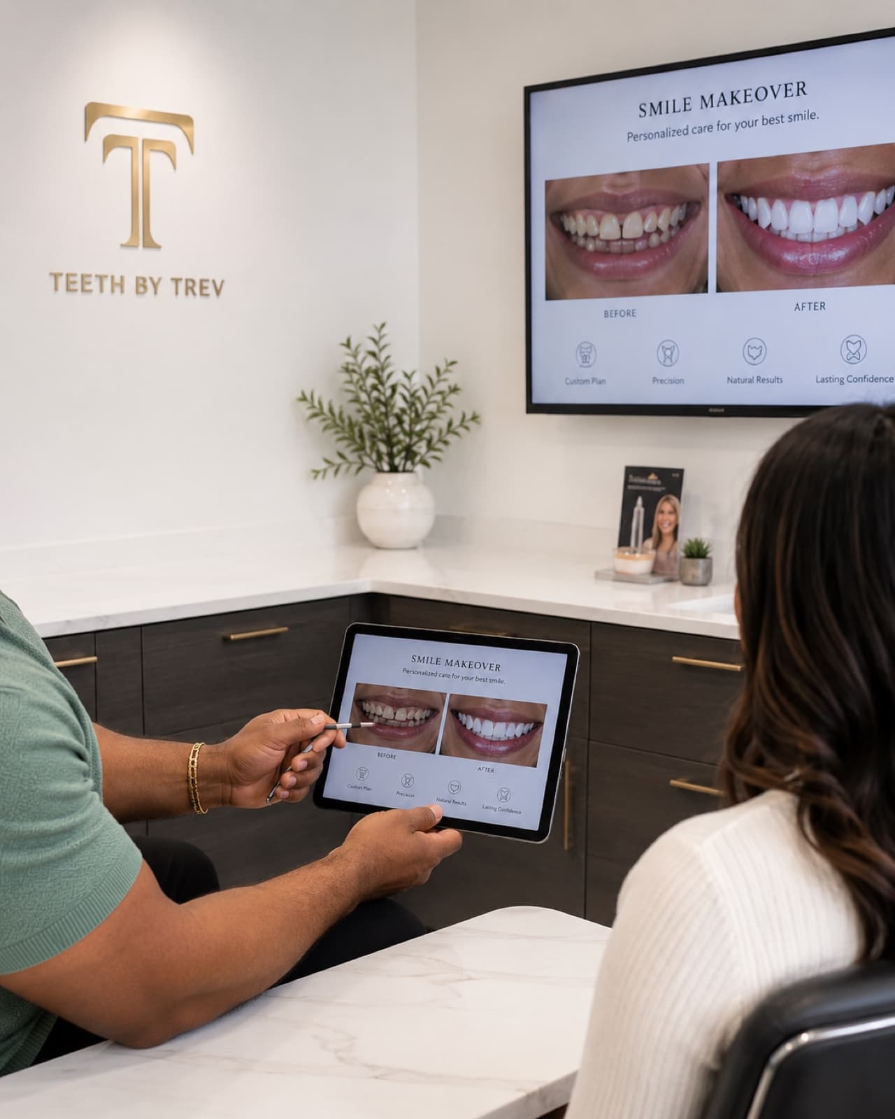 Dr. Trevor J. Thomas presenting a smile makeover plan to a patient