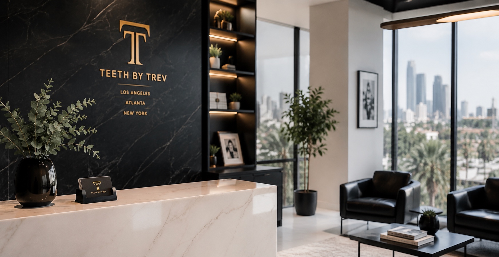 The Teeth by Trev reception — a black marble wordmark wall, marble desk, and a city skyline view